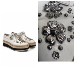 Prada Spazzolato Leather Oxford Brogue 3D Floral Studs Shoes Sneakers Platform